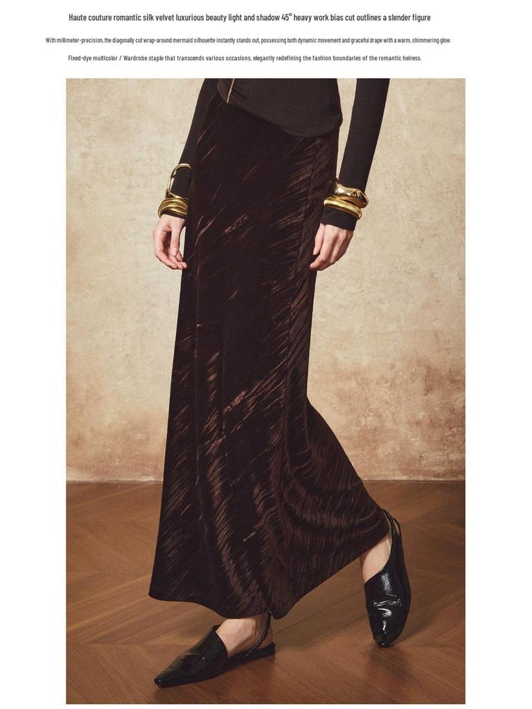 Iridescent Velvet Elastic Fishtail Midi Skirt - High-Waisted, Bias-Cut, Heavy-Duty, Slimming, Women's Autumn/Winter Skirt
