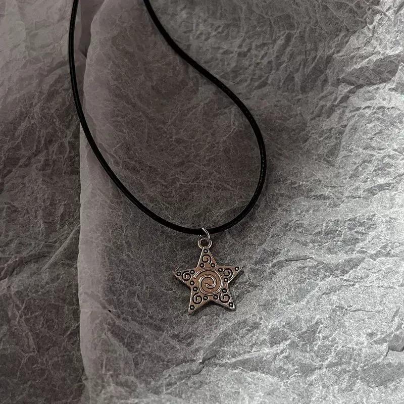 Y2K Star Moon Pendant Choker Celestial Necklace Leather Cord Chain Silver Tone Swirly Star Earrings 90s Retro Sweet Cool Jewelry