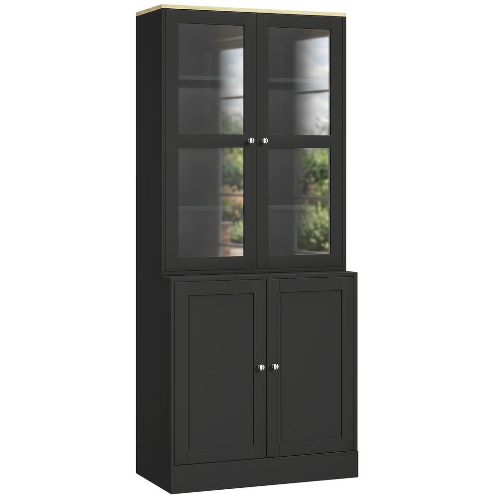 Display Cabinet, 6-Tier, 4 Doors (2 Tempered Glass), Adjustable Shelves, Black