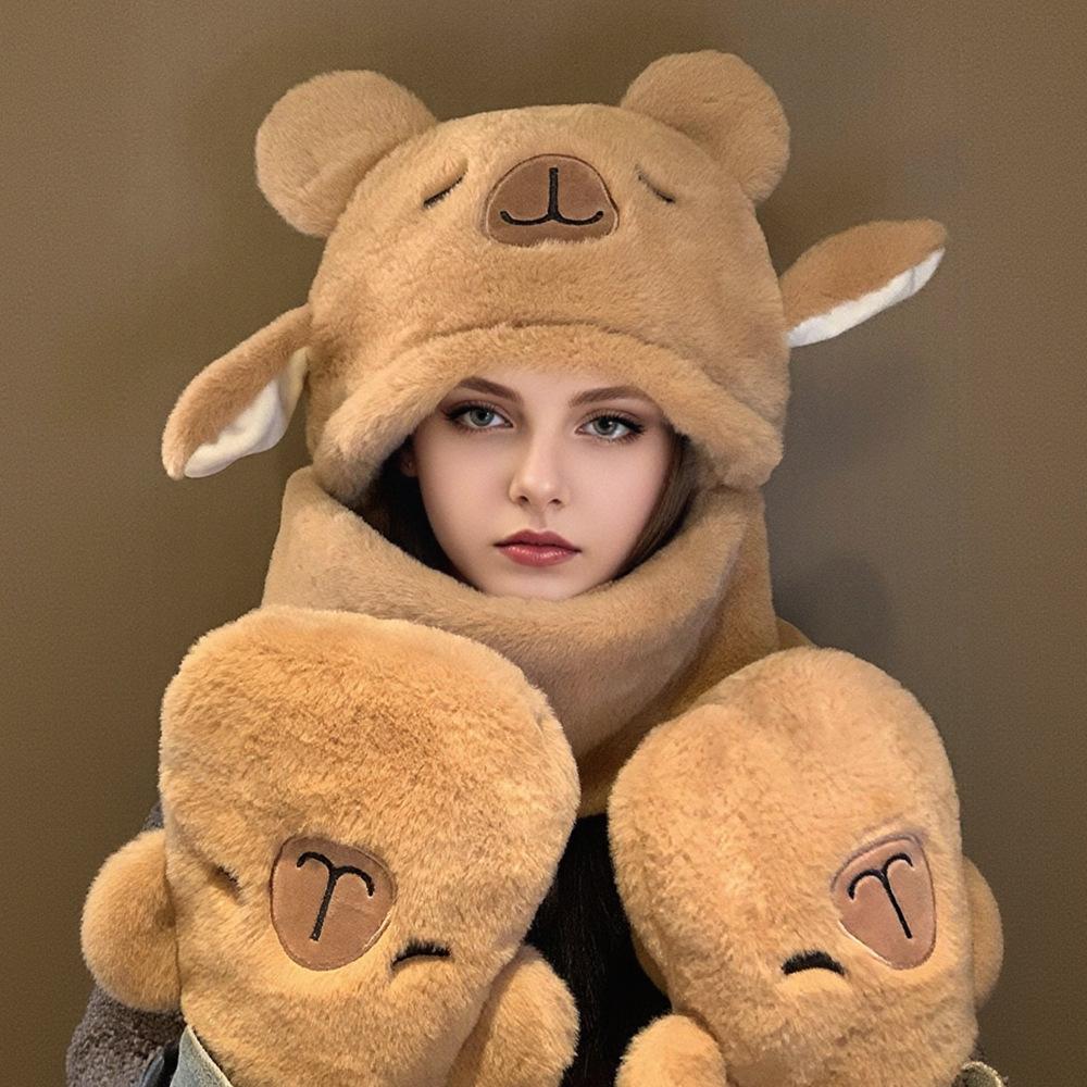 

Cute Kapibala Capybara Airbag Hat Will Move Ears Plush Thickened Warm Neck Protection for Autumn and Winter Girls