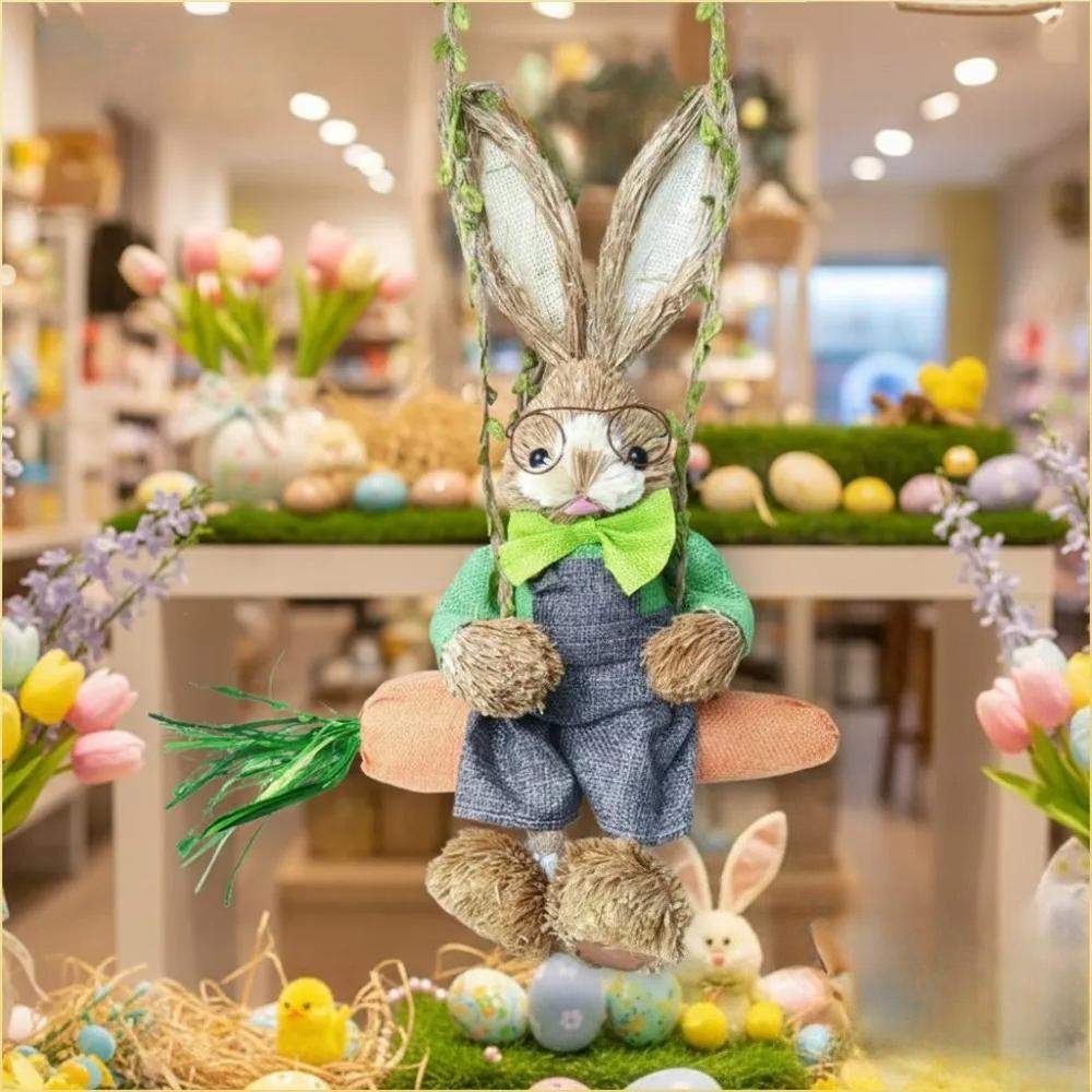 Figurina da appendere coniglio pasquale da 13,8 pollici, altalena carota, coniglio in paglia intrecciata, decorazione primaverile per casa, interni ed esterni
