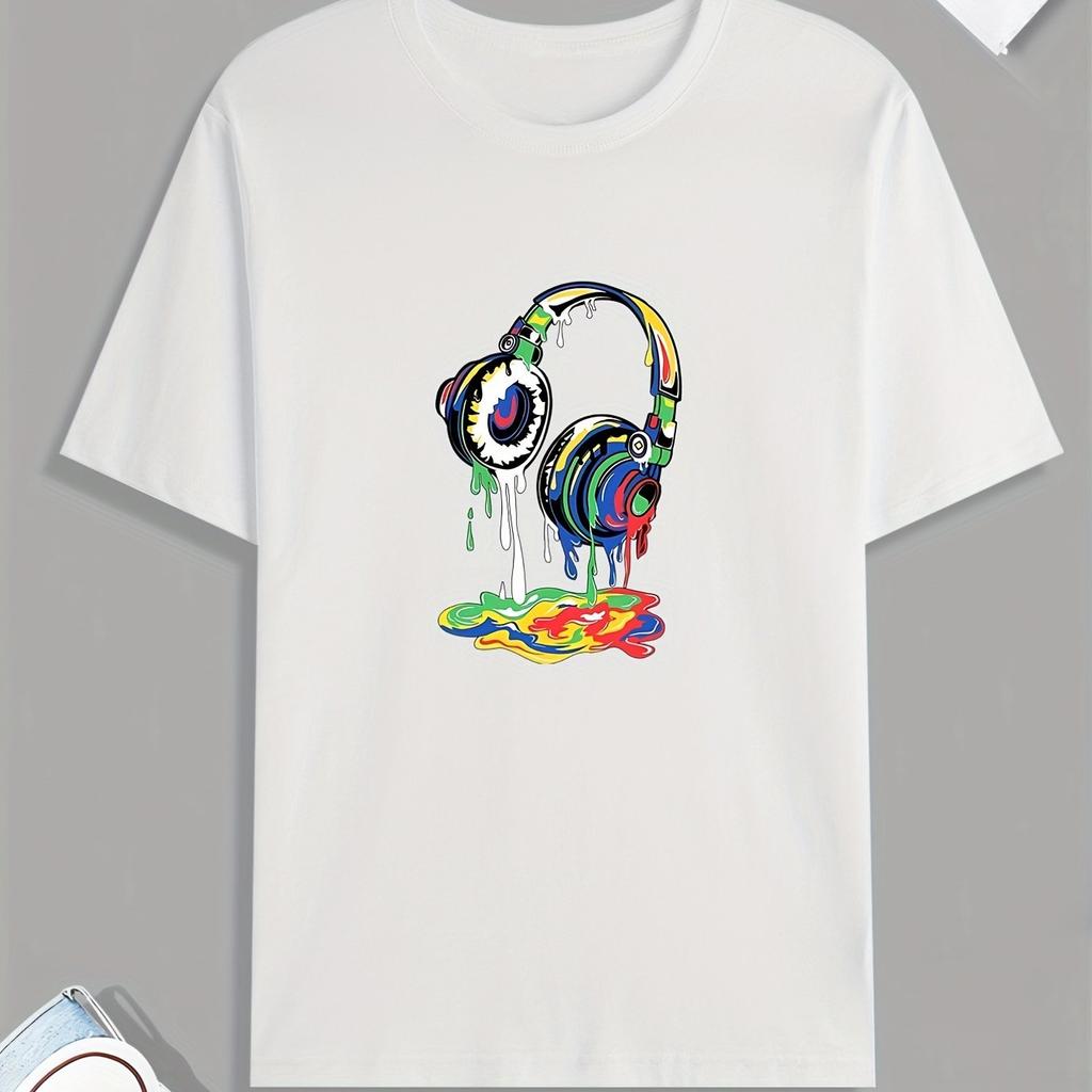 Dripping Color Headphones Graphic Tee Men Cotton Casual Short Sleeve O Neck TShirt