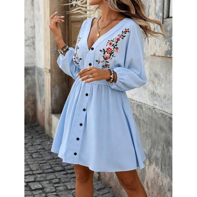 European Summer Fashion Temperament Vacation Style Embroidery Waist V Neck Long Sleeve Short Dress Women