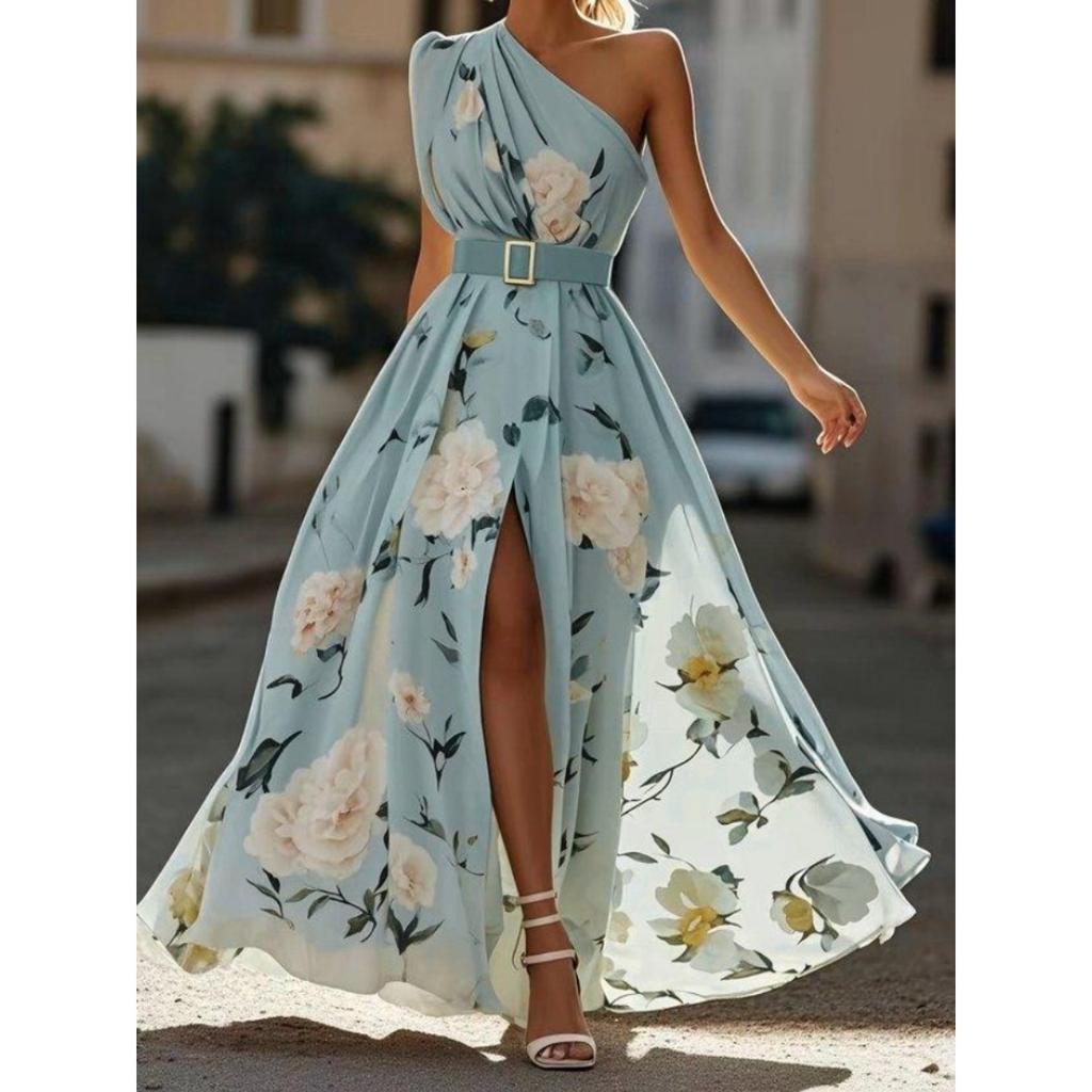 Women's One Shoulder Sleeveless Floral Print Maxi Dress Slim Fit High Waist Elegant Summer Party Dress With Belt