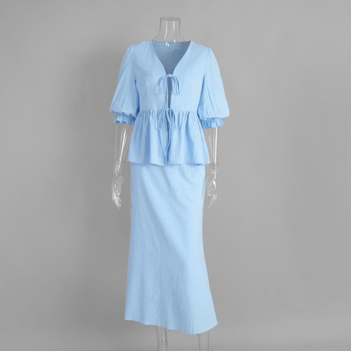 

Women s Yellow V-Neck Bubble Sleeve Top with Ruffle Detail and Matching Long Skirt Set L синій