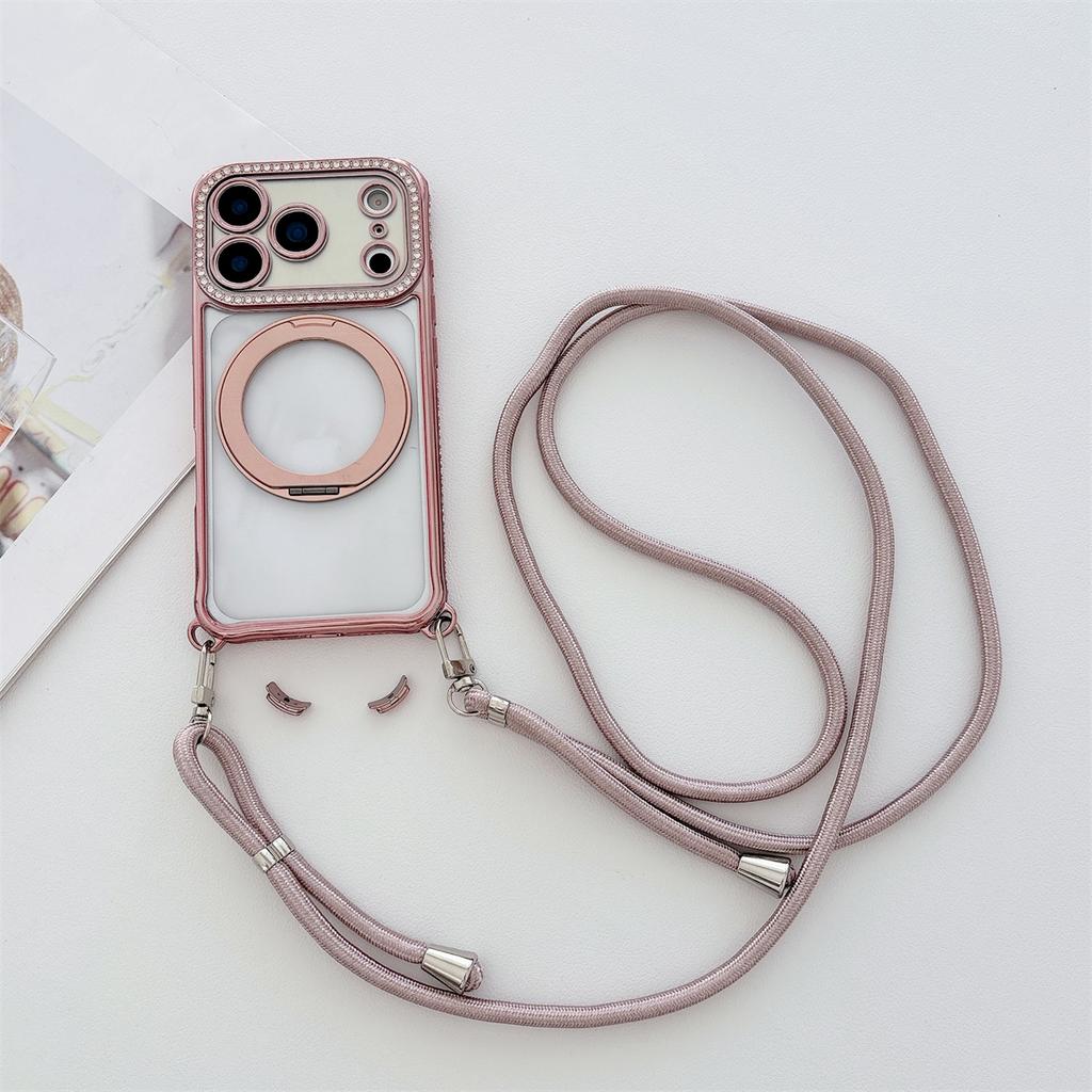 Crossbody Lanyard Electroplated Rotating Stand Magnetic Phone Case for IPhone Air 17 16 Plus 15 14 13 Pro Max for Magsafe Cover