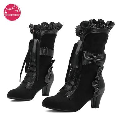 Jesień Zima Vintage Kobiety Wiktoriańskie Buty Sznurowane Wysokie Obcasy Bootie Falbany Wykończenie Lolita Księżniczka Cosplay Herbaciany Kostium Buty