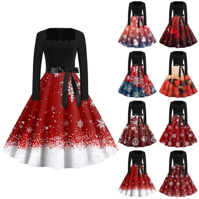 Kadın Modası Yuvarlak Yaka Rahat İnce Noel Baskılı Uzun Kollu Elbiseler