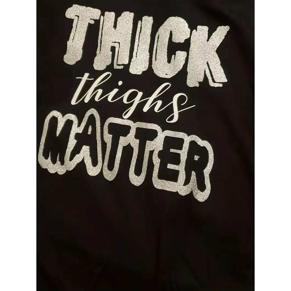 Plus Size Casual T-shirt Women's Plus Glitter Letter Print Short Sleeve Round Neck High Stretch T-shirt