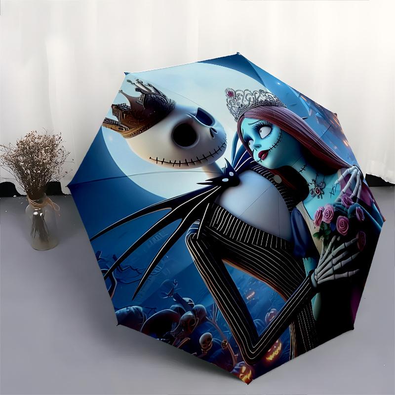 Ombrello a Apertura e Chiusura Automatica Jack Skellington, Sally - Ombrello Pieghevole Portatile a 8 Stecche con Manico in Plastica, Adatto per il Tempo Libero