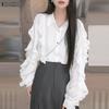Women Casual Turn Down Collar Loose Ruffles Long Sleeve Blouse