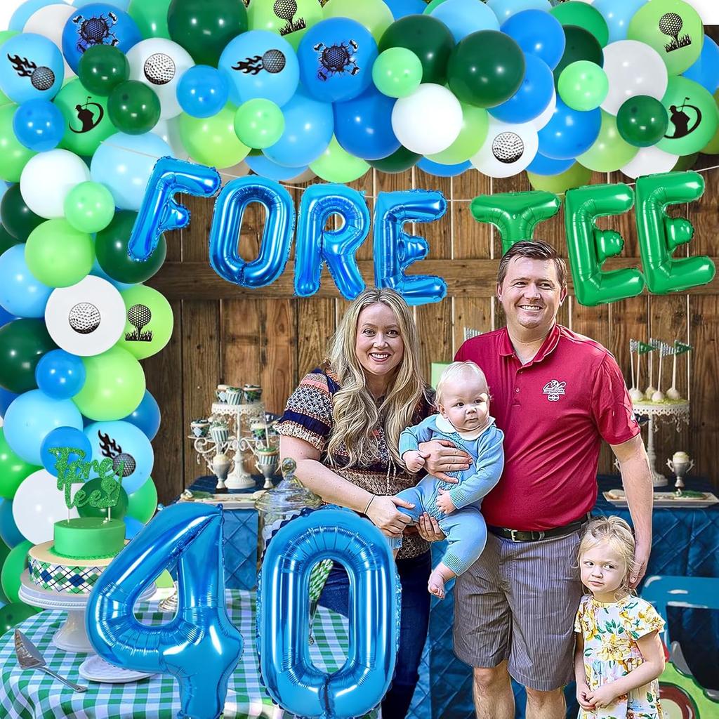 Golf 40th Birthday Decorations for Men, Fore Tee Balloon Garland Kit with Glitter Foretee Cake Topper, Golf Ball Balloons, Number 40 Balloon, Sports
