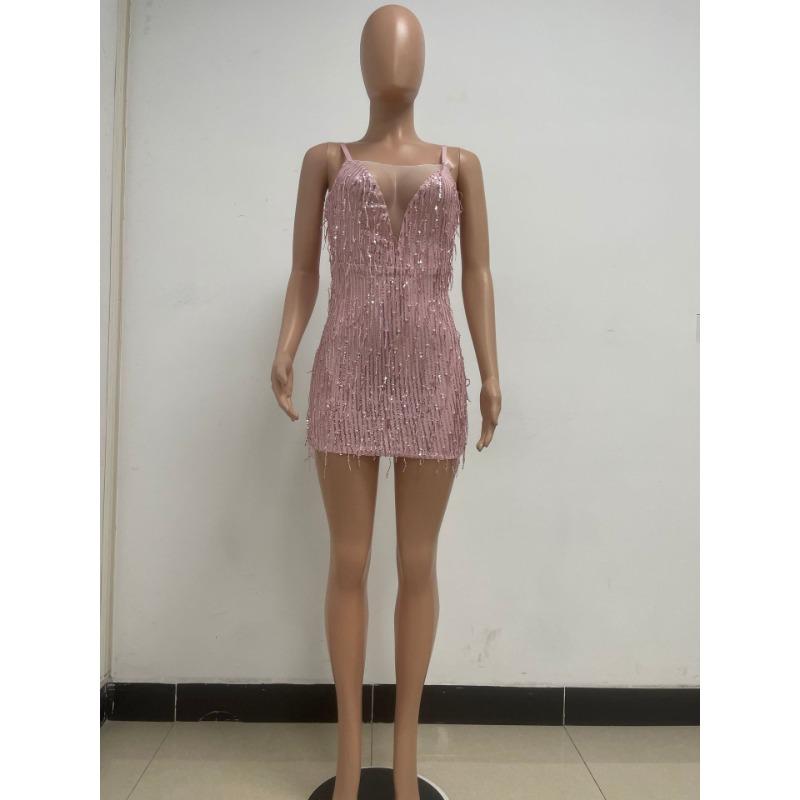 Summer Women's Holiday Style Deep V See-through Sequin Dress French Fringe Halter Dress