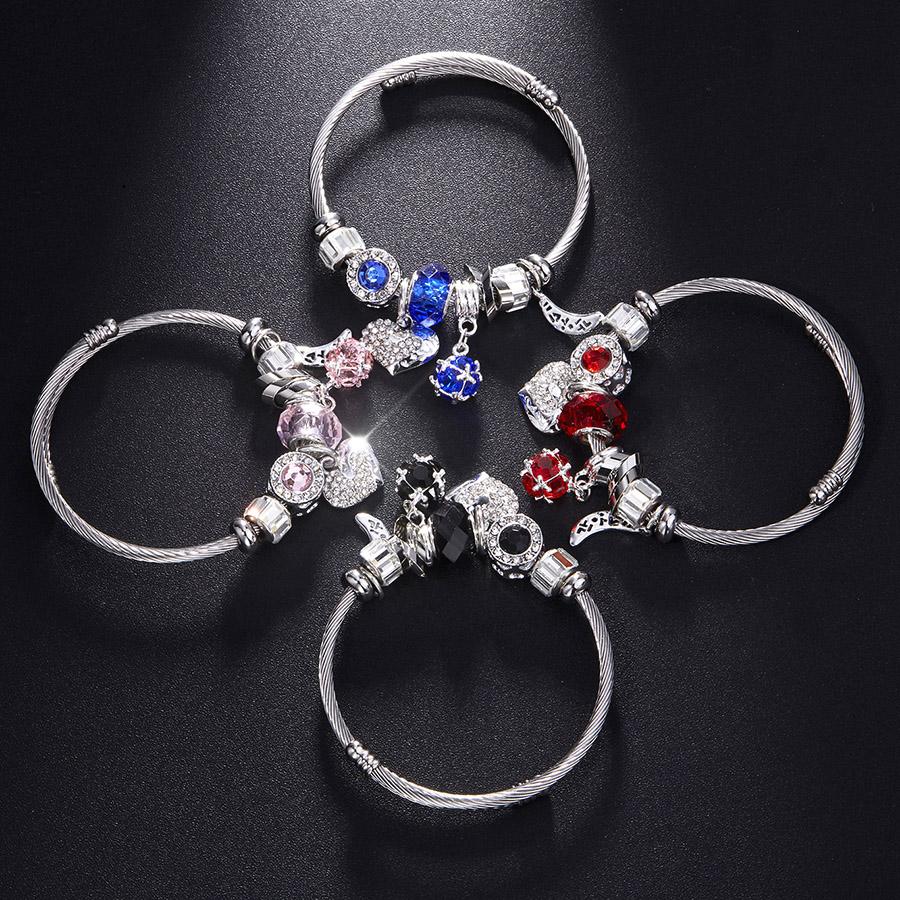 RAVIMOUR Love Heart DIY Bracelet Crystal Bead Charms Bracelets & Bangles Fashion Indian Jewelry Steel Chain Wristband Gift
