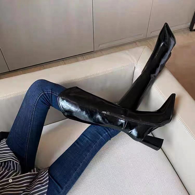 PU Leather High-heeled Knight Boots Women's Fashion V Mouth Pointed Toe Knee High Boots Khaki Sexy 8cm Square Heel Women Shoes