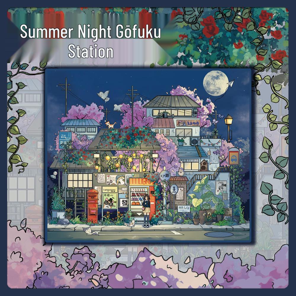 Large Format Miniature World Summer Night Bus Stop PET Stickers - Stress Relief Scenery No