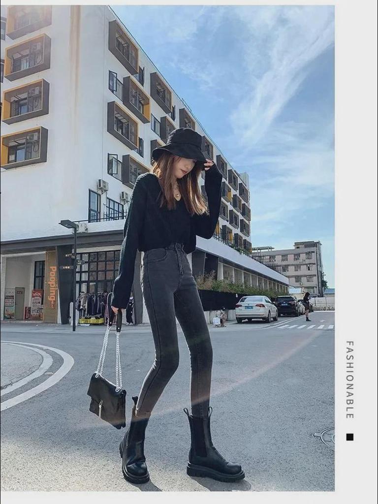 Women's Black High-Waist Slim Fit Elastic Pencil Jeans - 2022 Spring Collection