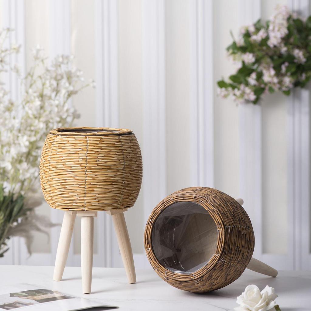 Imitation Rattan Triangular Flower Pot Stand: Creative Desktop Succulent Storage, Straw Woven Design, Large.