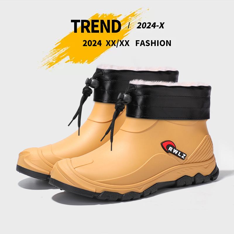 Spring and Autumn Short Rain Shoes Trendy Men's Fashion Rain Boots Urban Outdoor Wading Shoes Waterproof Glue Shoes Fleece Cover Thermal Rubber Shoes