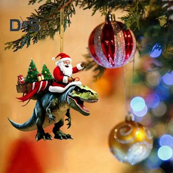 Christmas Pendant Santa Claus On Dinosaur Ornament 2D Flat Acrylic Hanging Decoration for Christmas Tree Mantel Decor