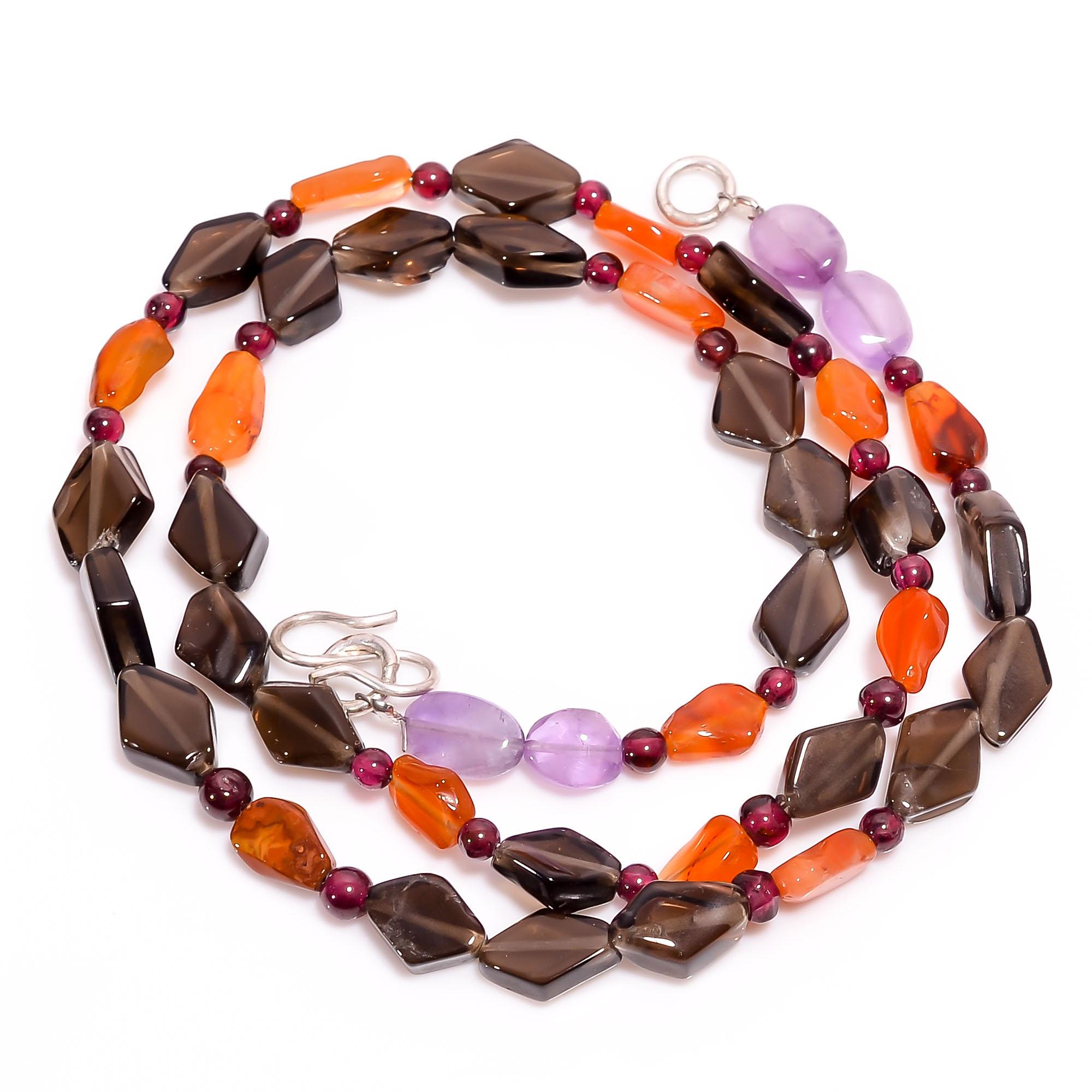 

AAA+ Natural Smoky Quartz Amethyst Carnelian Smooth Beads Necklace 3-10 mm 17.5 UB-8462