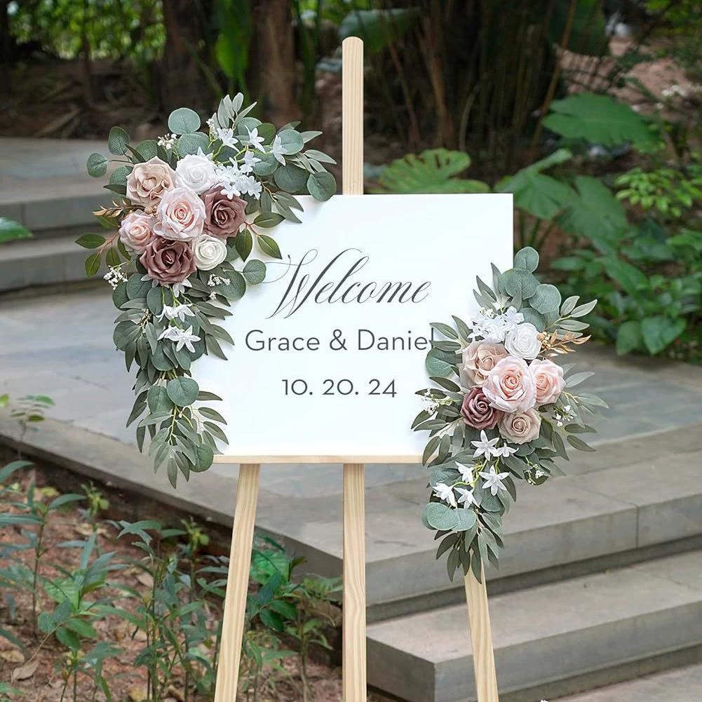 Artificial Wedding Arch Flowers Kit Boho Dusty Rose Blue Eucalyptus Garland Drapes for Wedding Decorations Welcome Sign
