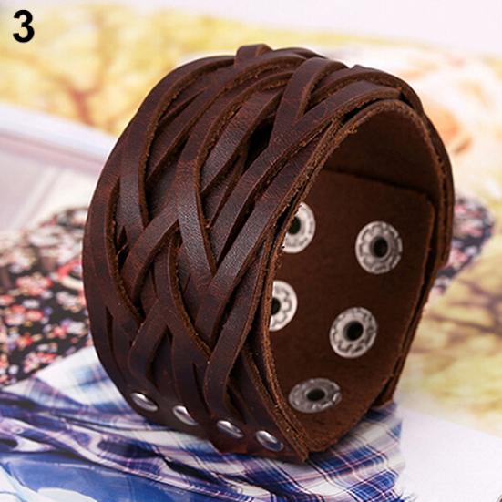 Women Men Punk Style Cool Leather Bangle Knitting Wide Cuff Handmade Bracelet