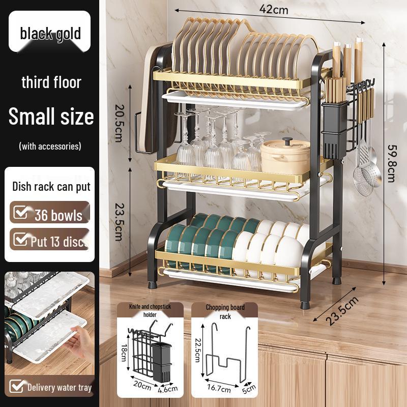 Égouttoir de cuisine multicouche pour bols, assiettes, couteaux et baguettes avec fonctionnalité d'égouttage sur le plan de travail