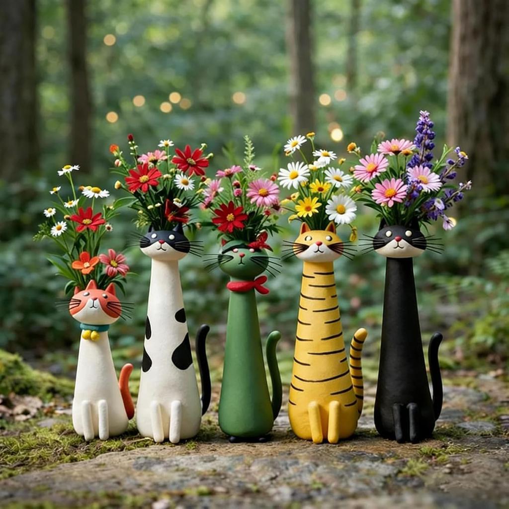 Handcrafted Ceramic Cat Vase Desktop Ornaments Unique Whimsical Cats Vases for Foyer Living Room Fireplace Bedroom Kitchen