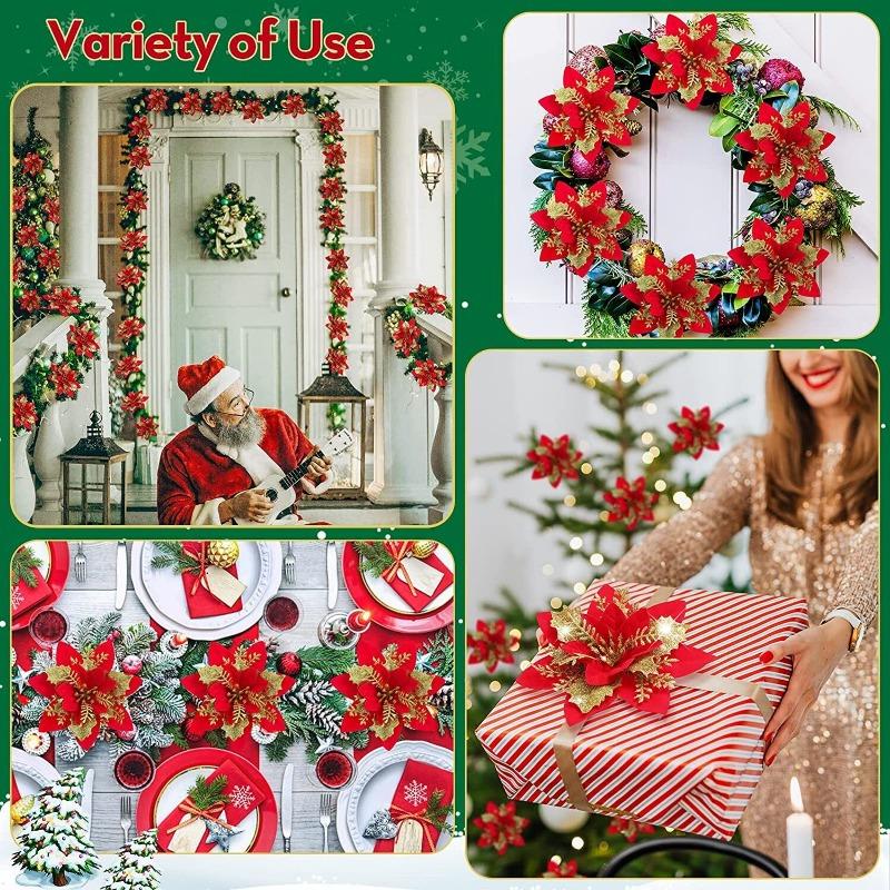 10/50pcs Artificial Glitter Christmas Flowers for Xmas Tree Ornament Fake Flower Floral New Year Party Home Decoratio