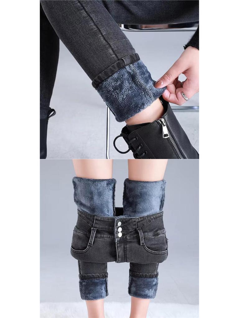 Jeans de Invierno de Felpa y Denim de Cintura Alta para Mujer - Pantalones de Nieve Ajustados, Gruesos y Cálidos para Estudiantes