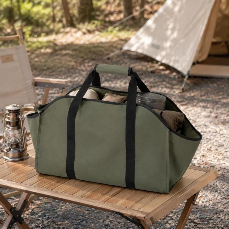 Folding Firewood Bag with a Broad Opening and Reinforced Handles for Hearth, Fire Pit, Camping, and Cabin Wood Transport