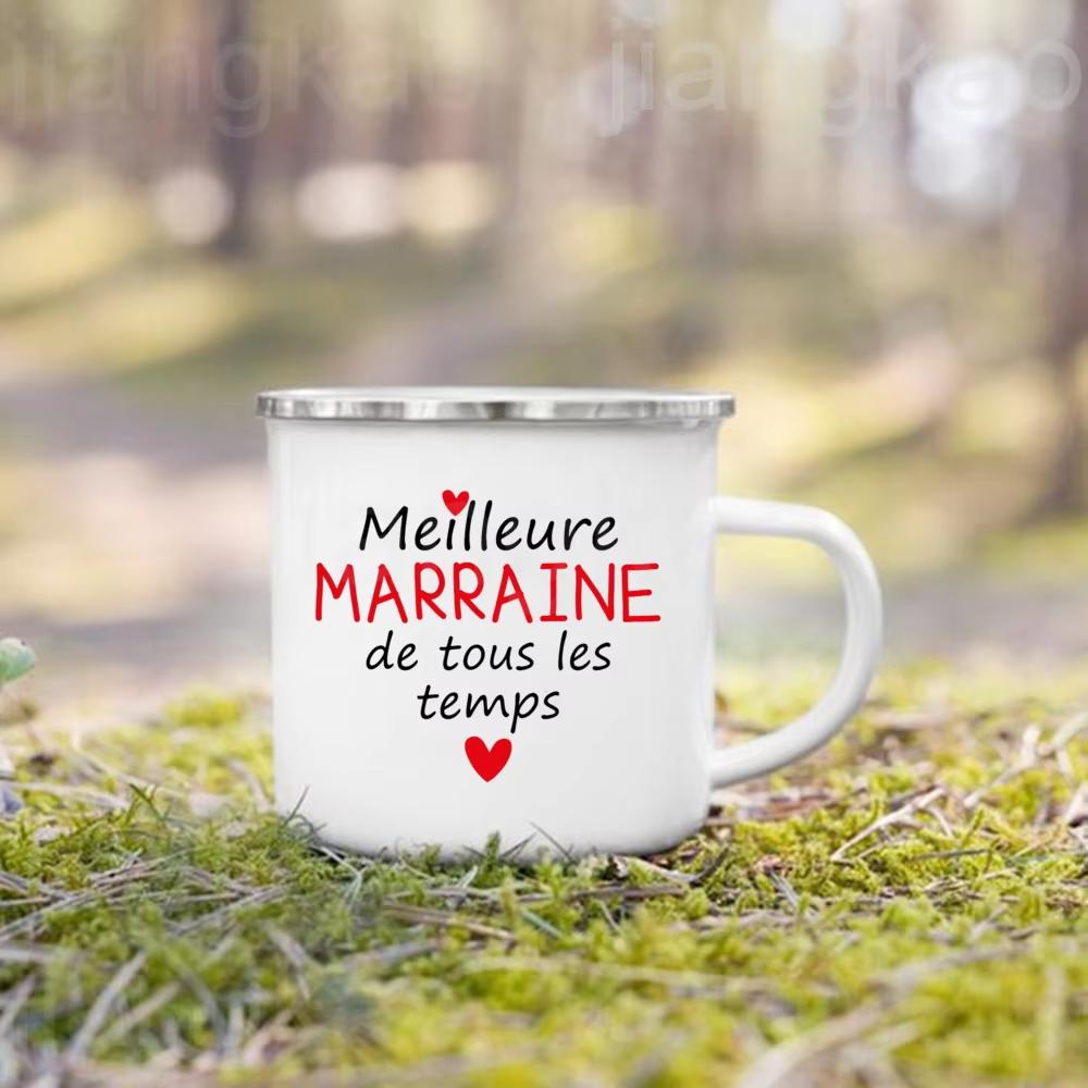 Französische Taufpatin Pate Druck Emaille Kaffeetasse Getränke Milchbecher Campingtassen Bestes Geburtstags-Feiertagsgeschenk für Patentante Patenonkel