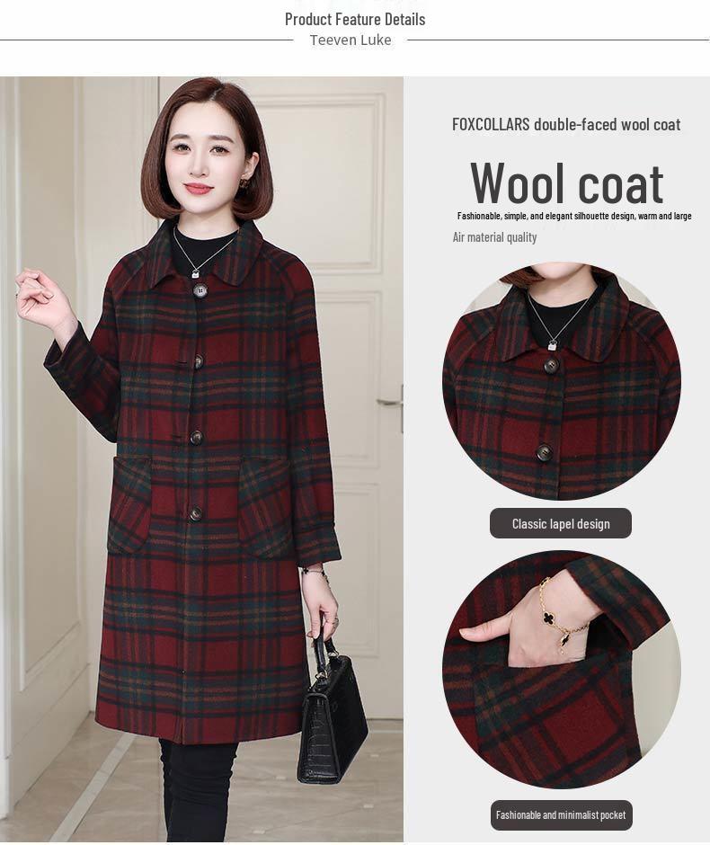 2024 Autumn/Winter Red Plaid Wool Coat - Korean Style Double-Faced Overcoat for Women, Perfect for Middle-Aged and Elderly Moms.