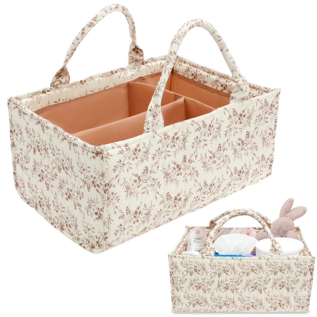 Floral Diaper Caddy Organizer with Handles and Removable Dividers Portable Nursery Storage Basket Versatile Baby Storage Basket