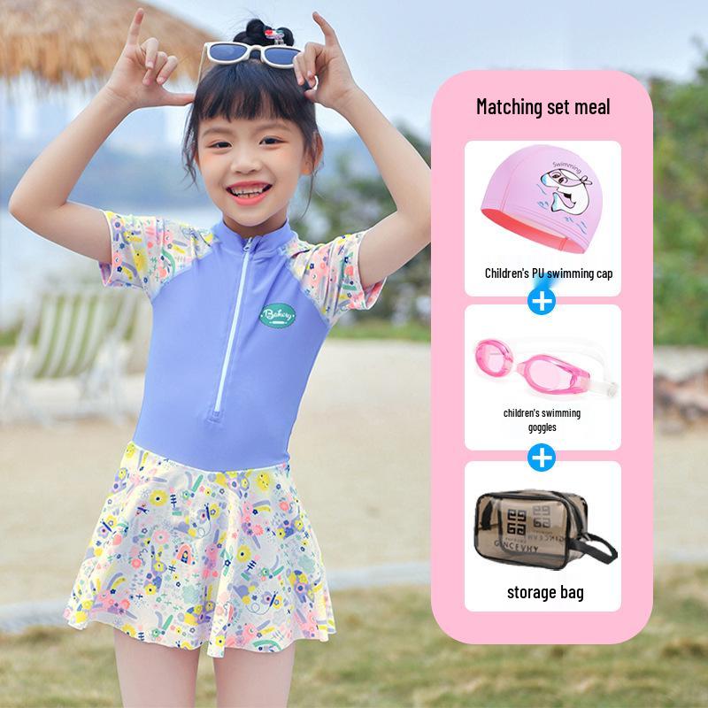 2024 Girls' Cute Skirt-Style One-Piece Swimsuit: Short Sleeve, Sun Protection, Quick-Dry. Sizes for Young To Middle-Aged Kids.
