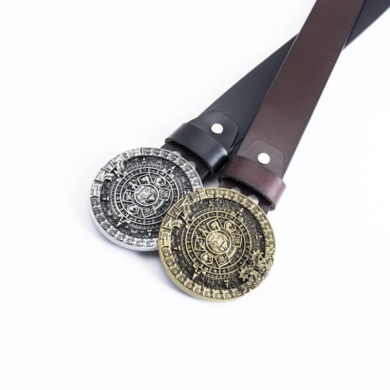 Glossy Whole Cowhide Belt, Zinc Alloy Ancient Tin Aztec Calendar Belt, Retro Large Size Pure Leather Belt.