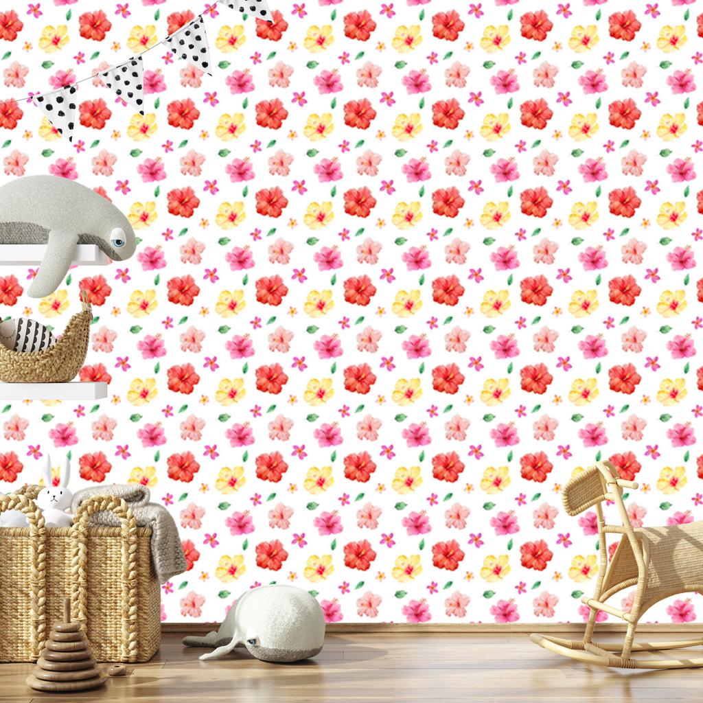 Wallpaper Flowers White and Coral for Living Room and Bedroom 50x1000