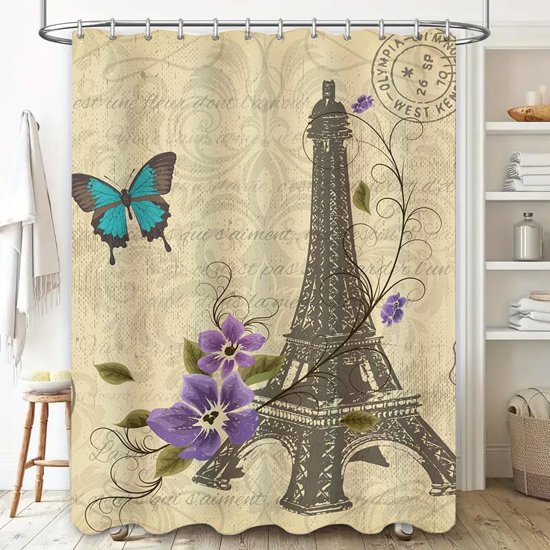 Vintage Paris Eiffel Tower Shower Curtain with Butterfly Design for Bathroom Decor Blue Flower Waterproof Fabric Printing Bath M