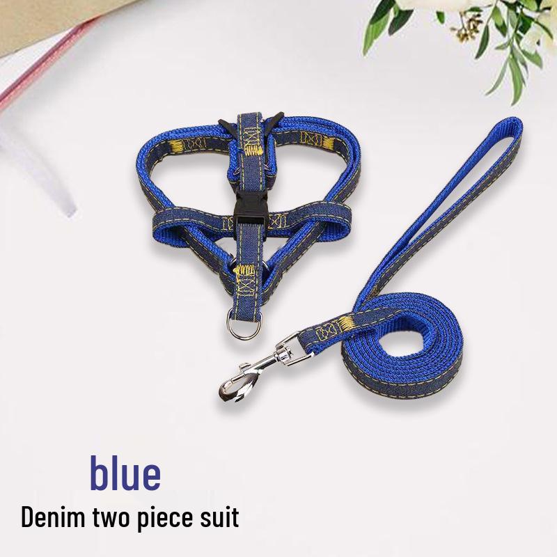 Denim Dog Leash and Harness Set with Teddy Chain for Small To Medium Dogs