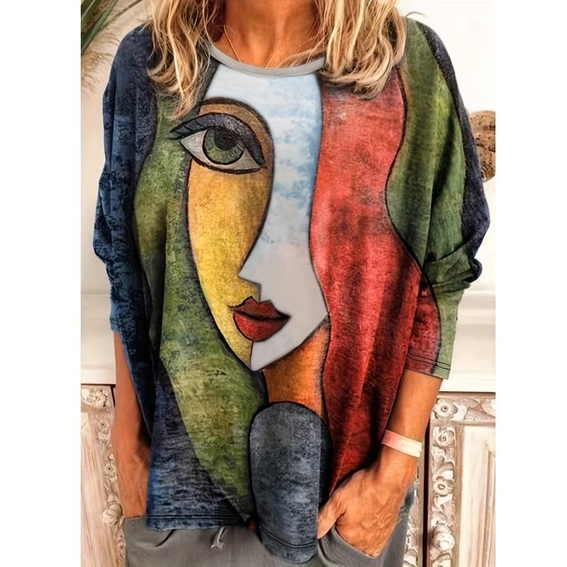 

Повседневная футболка большого размера, женская футболка с абстрактным принтом, длинным рукавом и круглым вырезом, средней эластичности 6XL