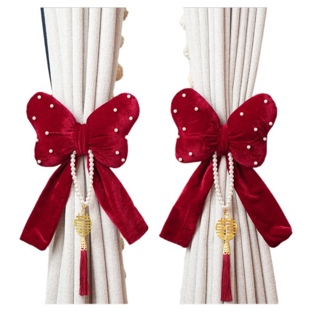 Velvet Bow Curtain Straps Romantic Adjustable Mosquito Net Tie with Tassels Red Curtain Tieback Wedding Celebration