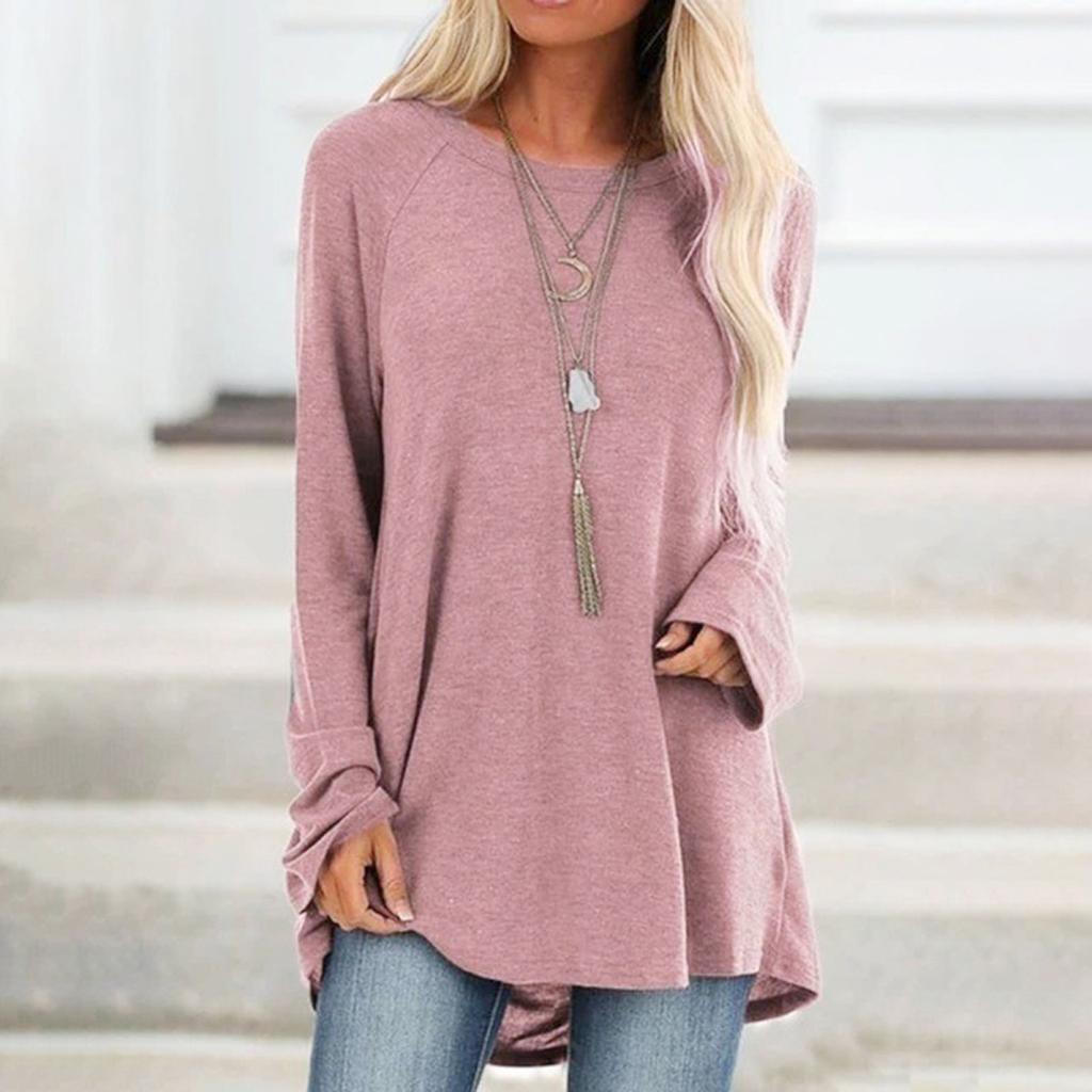 Yousheng Women Tops Round Neck Long Sleeve Loose Fit Solid Color Tunic Top Casual Shirt with Hip Coverage Length
