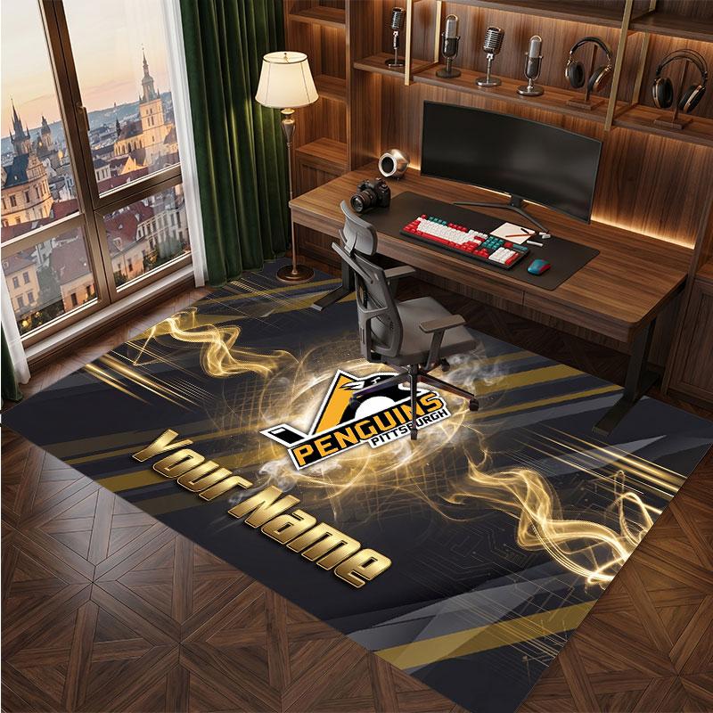 Pittsburgh Penguins Personalized Crystal Velvet Carpet, Customized Name Text Soft Anti‑Slip Rug for Living Room Bedroom