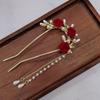 Chinese Style Red Rose Fringe Hairpin Vintage Rose Hair Sticks Hairwear For Women Hair Fork Disk Hair Chopsticks Headdress