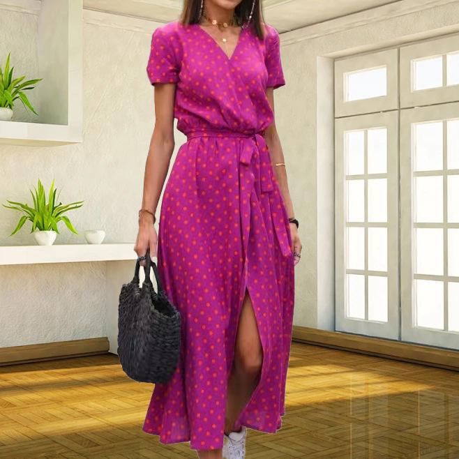 Abito Midi Estivo 2025 Scollo a V Spacco per Donna - Stile Europeo e Americano