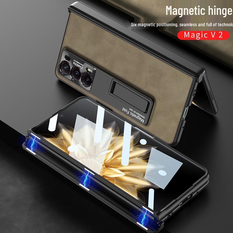 Honor MagicV2 Folding Screen Magnetic Hinge Leather Phone Case - Anti-Fall Full Shell Protection, Fashionable Design