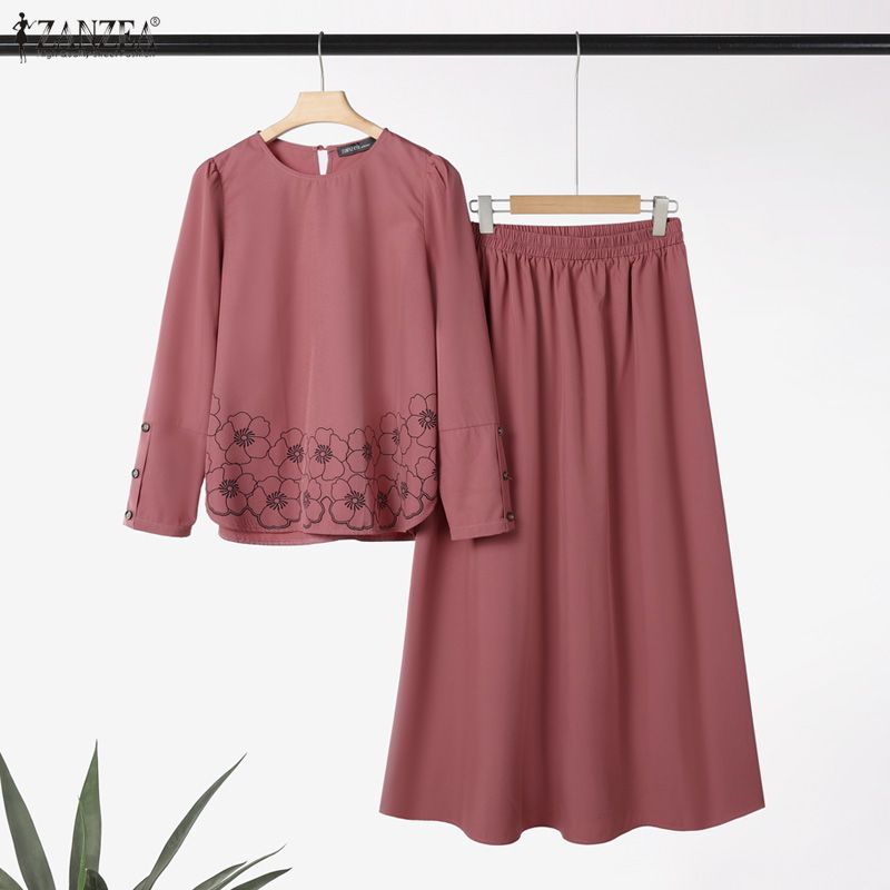 ZANZEA Women Long Sleeve Print Blouse and Long Skirts Muslim Two Piece Suit Sets