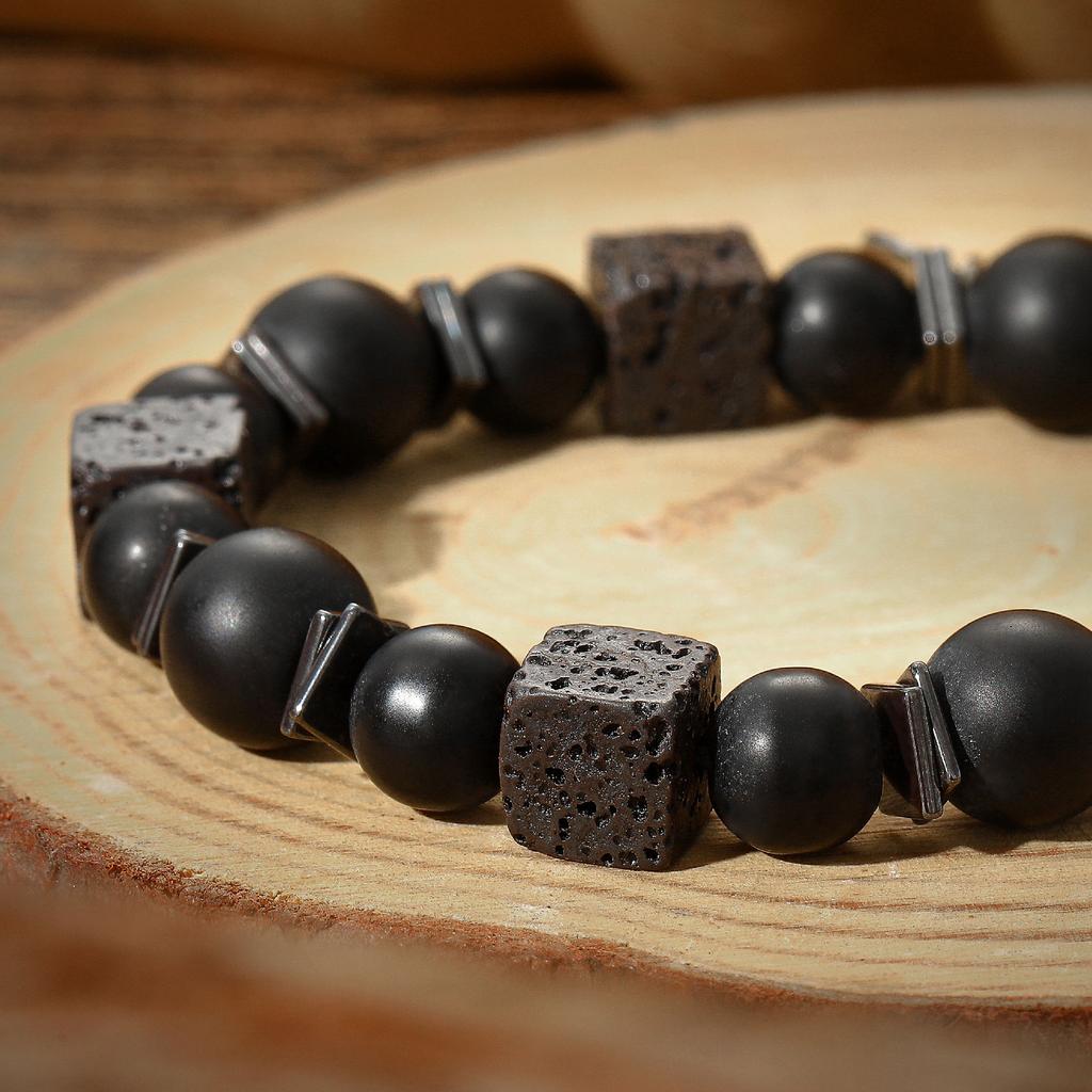 Lava Cube Volcanic Stone Braided Bracelet, Men'S Matte Adjustable Bracelet