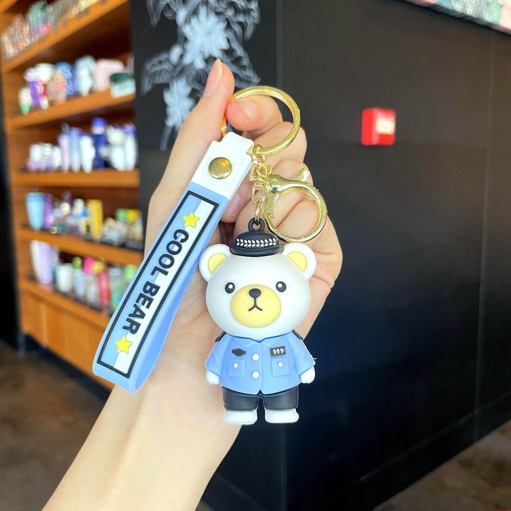Cartoon Epoxy Traffic Police Firefighter Bear Keychain Promotional Gifts Fashion Couple Accessories Cute School Bag Lanyard